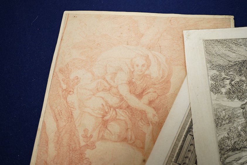 18th century, Old Master school, Classical scene, sanguine chalk on buff paper, together with a collection of early engravings, prints and book plates to include after Wenceslaus Hollar, Portrait of William Fenner, Recto